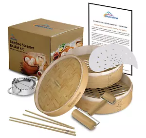 Bamboo Steamer basket Kit 10" W Lid Dumpling Maker Handmade Cookware 2 Tier NEW - Picture 1 of 8