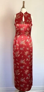 Vintage Style Red Floral Oriental Long Mandarin Collar Dress Party Festive 10 - Picture 1 of 6