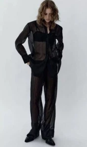 NWT ZARA Black Stripe Organza Thin Sheer See Through Trousers Pants Size L - Picture 1 of 6