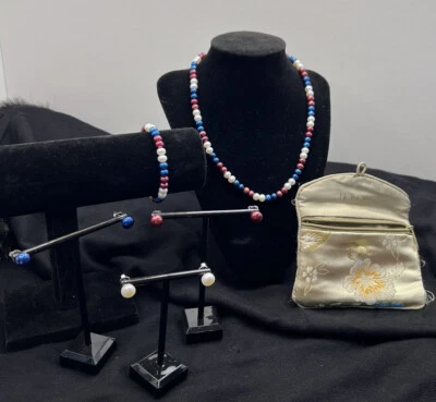 HONORA PEARL SET 16” Necklace, Bracelet, Earrings Red White Blue -Patriotic! - Image 1 of 4