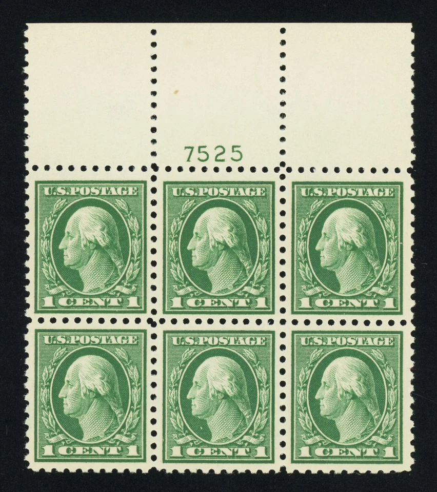 Scott #424, 1c Green - Perf. 10, Full Top Plate Block of 6, XF-OG-NH, 2007 PFC - Image 1 of 1