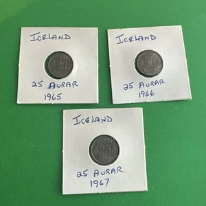 1965, 1966, 1967 Iceland 25 Aurar - set of 3 World Coins - Copper-Nickel - Picture 1 of 8