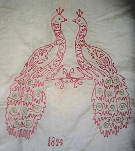 Antique Hand Embroidered Peacocks on Cotton Scarf Dated 1894 29" x 30" Red White - Bild 1 von 5