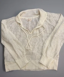Vintage 70s Puff Sleeve Sweater Collared Large Cream Open Knit Hippie - Picture 1 of 4
