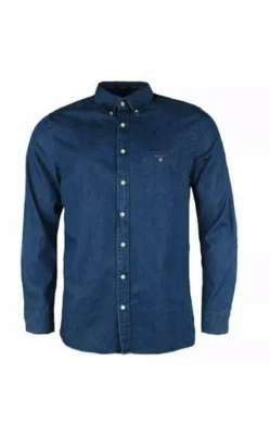 NWT Gant Men Barstow Denim Long Sleeve Indigo Cotton Casual Slim Fit Shirt - Image 1 of 4