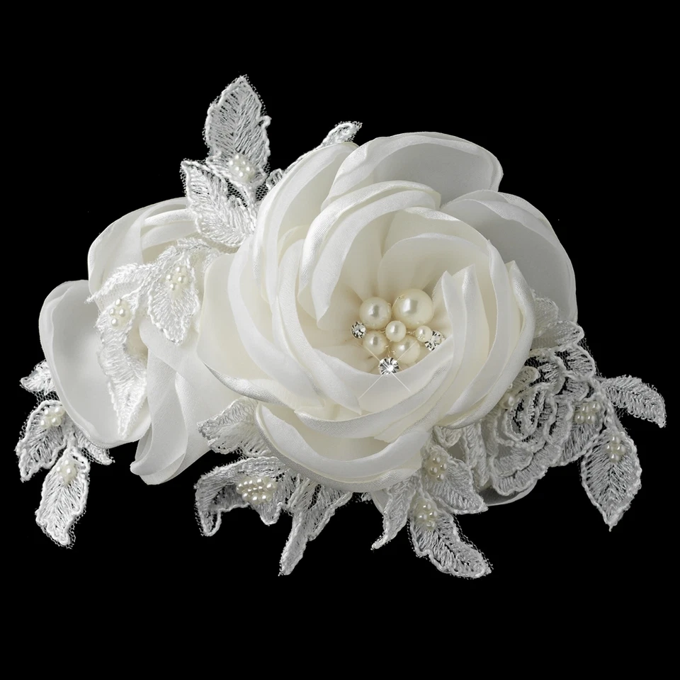 Ivory Satin Lace Tulle Fabric Rose Pearl & Rhinestone Bridal Wedding Hair Clip - Image 1 of 2
