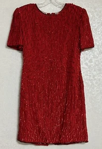 Laurence Kazar VTG 80s Red Sequin Silk Lined Cocktail Dress Knee Length Petite L - Picture 1 of 7