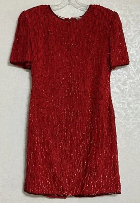 Laurence Kazar VTG 80s Red Sequin Silk Lined Cocktail Dress Knee Length Petite L - Image 1 of 4