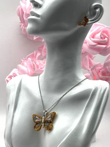 Jewellery Set Pendant and Earrings Real Baltic Amber Butterfly Silver Tone Metal - Picture 1 of 12