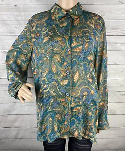 Norton McNaughton Semi-Sheer Blouse Size 14 Teal Orange Paisley Button Down Top - Picture 1 of 12