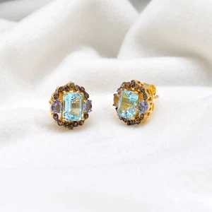 Pave Diamond Blue Topaz Tanzanite Stone Stud Earring Women Jewelry For Gift - Picture 1 of 5