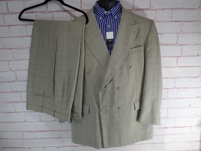 Men's Suit 44R 38W Beige Plaid Double Breasted Front Pants Pleated - Image 1 of 4