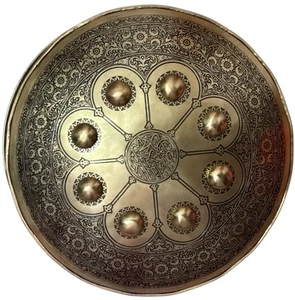 Islamic Arabic Holy Wordings Carved Steel Shield 18” golden Finish battle Ready - Picture 1 of 12