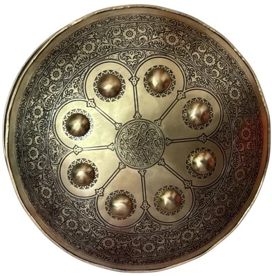 伊斯兰阿拉伯语圣言雕刻钢盾 18 英寸金色饰面战斗就绪 — 第 1/4 张图片