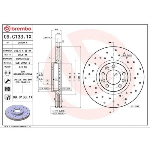 Disco Freno Brembo 09.C133.1X Xtra Line - Xtra per Citroën Iveco Opel Peugeot DS - Immagine 1 di 2