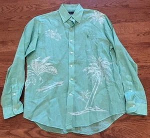 Ralph Lauren Size M Medium Linen Green Floral Button Up Men's Shirt Vacation - Picture 1 of 8