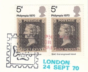 Philympia Stamp Exhibition pair Britain Day London Used 1970 ON PIECE (149672) - Picture 1 of 1