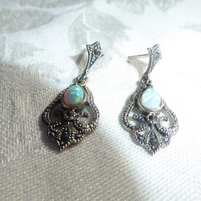 AMAZING STERLING SILVER Marcasite OVAL OPAL DANGLE EARRINGS Lovely design and on - Image 1 of 4