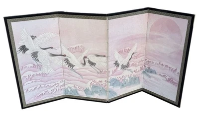 Mid Century Japanese Byobu Red Crested Cranes in Flight 4-Panel Folding Screen - Image 1 of 4