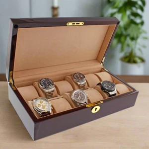 Premium 12 Watch Box in Cherry Wood Piano Gloss Finish with Luxury Lining - Picture 1 of 6
