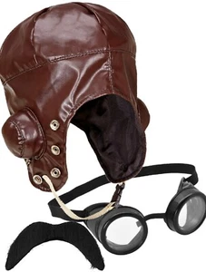 Pilot Aviator Biggles Hat with Pilot Glasses Steampunk Goggles Black Moustache - Picture 1 of 8