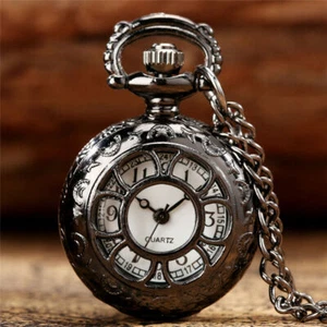 Antique Black Hollow Out Flower Case Small Quartz Pocket Watch for Men Women - Picture 1 of 10