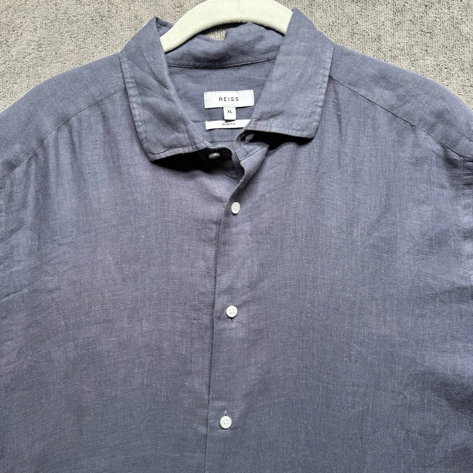 Camisa Reiss XL Acero Azul Lino Manga Corta Abotonada Vacaciones Clásica Foto 1 de 4