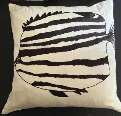 West Elm Black White Stripe Fish Pillow Silk w/ Down Insert Coastal Nautical - Image 1 of 3