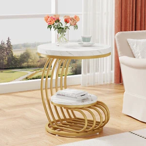 20" White Gold Modern Wood End Table, 2 Tier Faux Marble Side Table with Storage - Picture 1 of 12