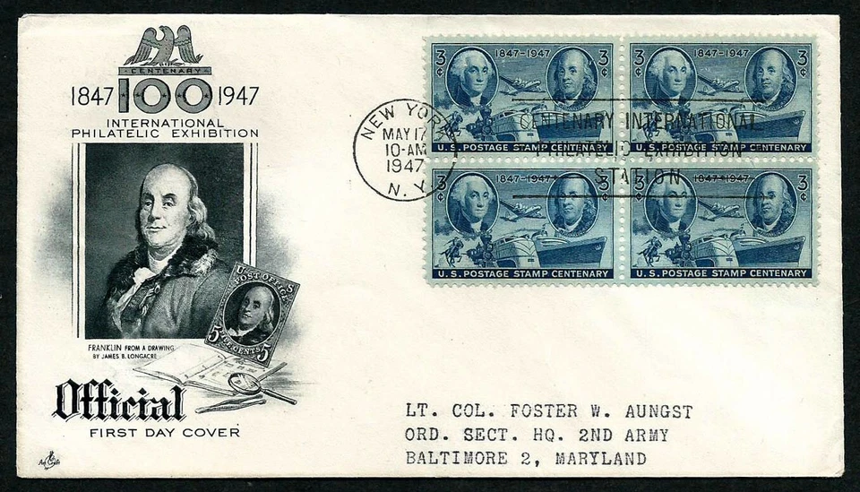 USA, SCOTT # 947, ARTCRAFT FDC COVER WASHINGTON & FRANKLIN EXHIBITION 1947 BLOCK - Image 1 of 1