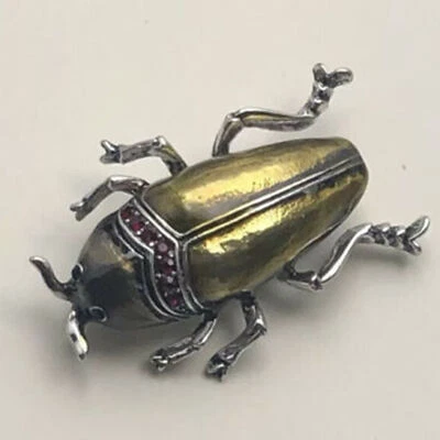 Broche unique insecte scarabée grande broche émail sur métal - Photo 1/4