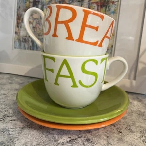 "Juego de 2 tazas y platillos grandes de caja y barril verde lima y naranja ""Desayuno"" - Imagen 1 de 3