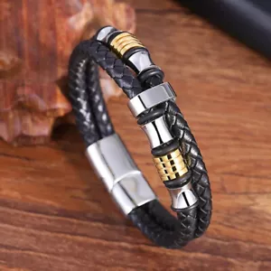 Bracciale Braccialetto Uomo acciaio con cinturino in cuoio nero - Idea regalo - Imagen 1 de 3