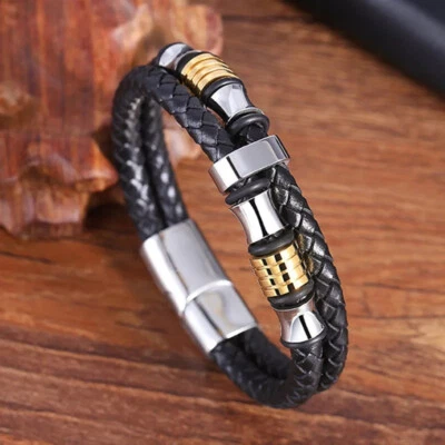 Bracciale Braccialetto Uomo acciaio con cinturino in cuoio nero - Idea regalo - Imagen 1 de 3