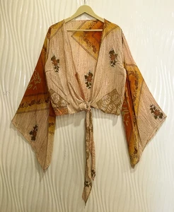 Blusa de seda envolvente con corbata boho corta para el torso vestido niñas mujeres ropa PSW1682 - Imagen 1 de 8