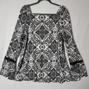 CATO Womens Tunic Top Lace Accented Bell Sleeves Size18/20W Black & White Y2K - Picture 1 of 13