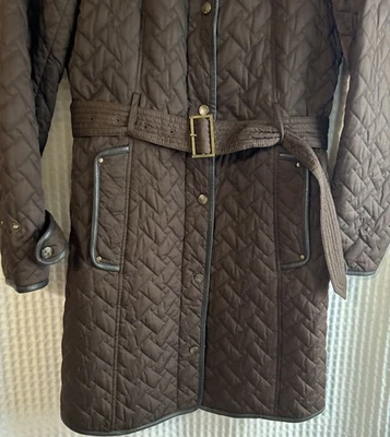 Gabardina acolchada Cole Haan Genevieve con ribete de cuero marrón abrigo de coche talla XS Foto 1 de 4