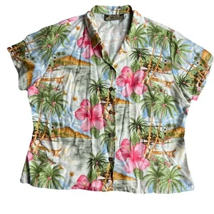 Zwei Palmen Hawaiihemd Strandszene Druck Viskose Knopfleiste Damengröße Large - Bild 1 von 7
