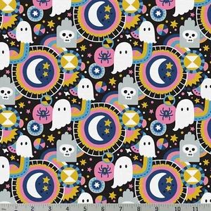 Cementerio de Halloween Tela de Algodón Negro Rosa Cráneos Góticos No Muertos Katie Larson - Imagen 1 de 1