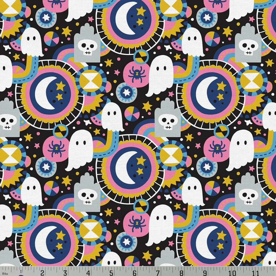 Cementerio de Halloween Negro Rosa Tela de Algodón Calaveras Góticas No Muertos Katie Larson Foto 1 de 1