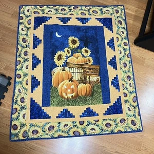 Clearance!! Halloween Quilt 55x47 US Handmade Sunflowers, Pumpkins Night Moon - Picture 1 of 8