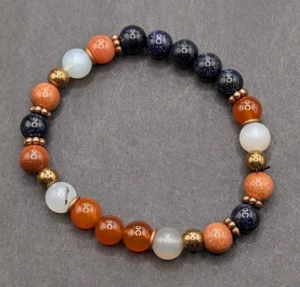 Women's Stylish Blue Orange Stone Beaded Stretch Bracelet (16cm) Small Wrist - Picture 1 of 8