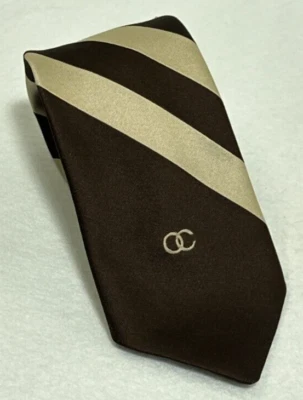 Gravata Oleg Cassini masculina marrom listra creme bordada Hughes & Hatcher anos 70 retrô - Imagem 1 de 3