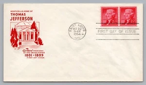 1954 Farnum FDC Thomas Jefferson Monticello Home Liberty 2 Cent Coil Pair #1033 - Picture 1 of 2