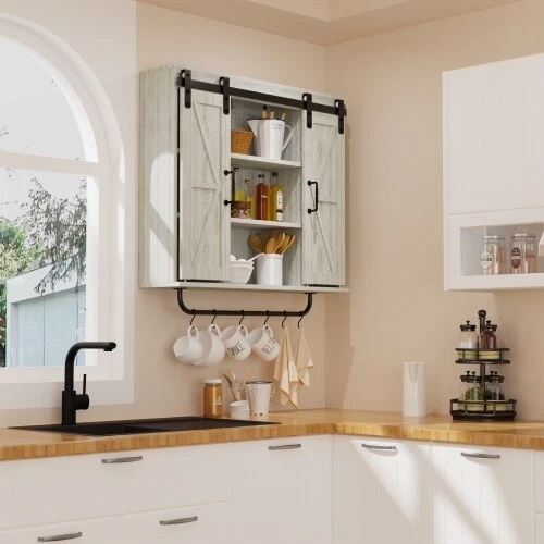 Wood Wall Storage Cabinet Rustic Farmhouse Vintage Cabinet w/ Sliding Barn Door - Image 1 of 4