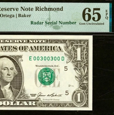 1985 $1 Federal Reserve Note PMG 65EPQ fancy radar serial number 00300300 - Image 1 of 3