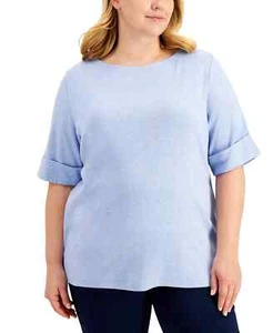 Karen Scott Top Shirt Plus Size 2X Cotton Elbow Sleeve Women's Lt Blue HTHR  - Picture 1 of 1