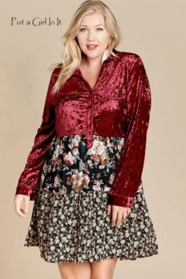 New PLUS SIZE Womens BURGUNDY WINE VELVET FLORAL TIERED BUTTON DRESS 1X 2X 3X - Image 1 of 4