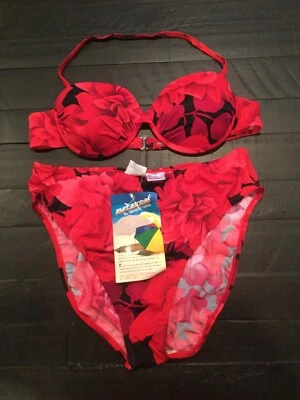 NWT  SUNSTREAK/ Newport News Red/Black Floral bikini swimsuit size 12? (J5) - Image 1 of 4