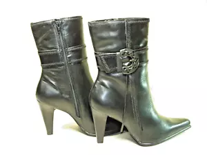 RARE VINTAGE LUICHINY BLACK LEATHER BOOTS STRAP BUCKLE FRINGE SZ. 9 NEW IN BOX - Picture 1 of 16